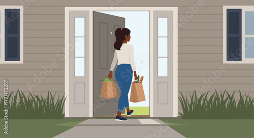 Convenient grocery delivery arrives at home as woman unloads shopping bags, promising fresh ingredients and stress-free meal prep for healthy family meals