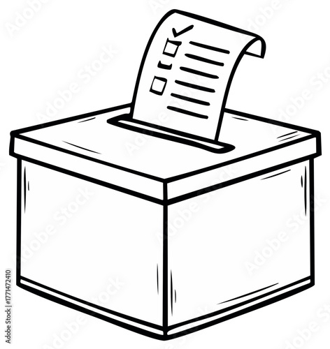 Ballot box with vote paper, voting for elections, hand drawn style, black lines isolated, politics and democratic concept
