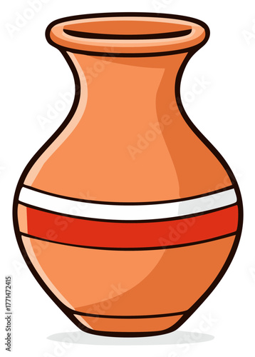 Cartoon illustration of a decorative terra cotta vase with stripes in red and white, earthenware vessel