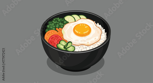 Delicious bibimbap bowl with vibrant vegetables and sunny side up egg ready for healthy eating campaign needs or food blog promotion