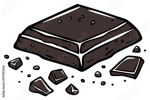 Dark chocolate square with broken chunks and crumbs cartoon vector illustration