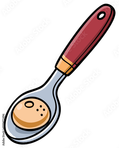 Cute cartoon cooking spoon holding a delicious small cookie or pancake food item vector