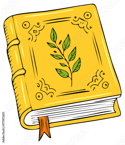 Vector illustration of a fantasy magic book with a yellow ornate cover and a leafy branch
