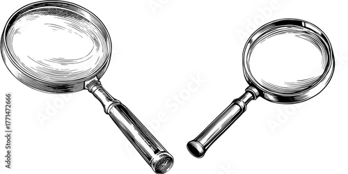 A modern illustration of a magnifying glass is depicted as a symbol, logo, or icon, isolated on a white background as clipart