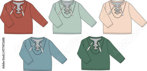 Collection of five long-sleeved medieval-style shirts with lace-up necklines in various muted colors