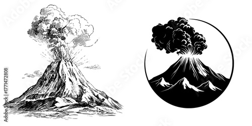 Volcanic activity and lava are depicted in a modern black and white silhouette symbol of a volcano eruption