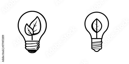 The image of a green light bulb with a leaf embodies the concept of environmentally friendly energy, presented as a logo idea for sustainable and renewable energy sources on a plain white background