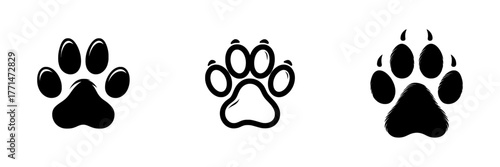 Modern black icon illustration of a cute animal paw in flat style, printed on a white background