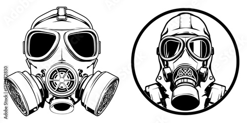 Hazmat Breathing Respirator Full Face Mask Ventilator Black White Silhouette Sign Symbol Icon Graphic Clipart Artwork Illustration Pictogram Vector’ is rephrased as ‘Black and White Modern Graphic of
