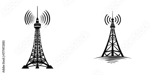 Modern illustration of a signal tower shadow icon representing wireless technology network and antenna wave radio