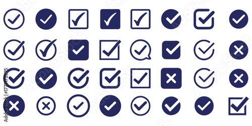 Check tick mark icon set. Cross box x check mark checkbox v list vector draw hand drawn sketch doodle brush marker checklist symbol wrong right circle. Vector Illustration