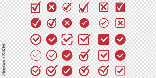 Check tick mark icon set. Cross box x check mark checkbox v list vector draw hand drawn sketch doodle brush marker checklist symbol wrong right circle. Vector Illustration