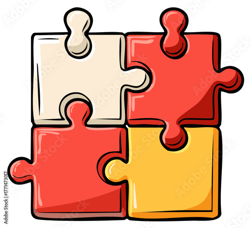 Four vibrant interlocking puzzle pieces forming a square, symbolizing teamwork, problem-solving, and unity in a cartoon style.