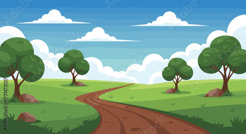 A vibrant cartoon landscape with green hills, a winding dirt road, scattered trees, and a bright blue sky with fluffy white clouds.
