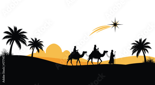 Silhouette of the three wise men riding camels across desert dunes, guided by the Star of Bethlehem, with palm trees.
