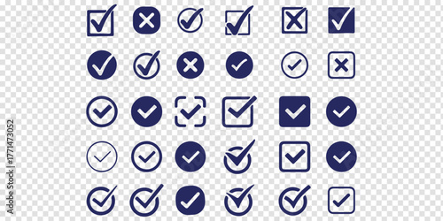 Check tick mark icon set. Cross box x check mark checkbox v list vector draw hand drawn sketch doodle brush marker checklist symbol wrong right circle. Vector Illustration