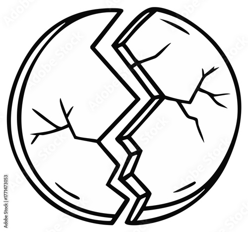 Cracked sphere icon simple line art of a broken ball or planet splitting apart