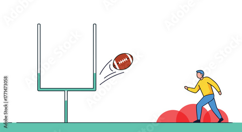 A man kicks a football towards a unique goalpost shaped like a U-tube manometer, illustrating concepts of sports and fluid dynamics.