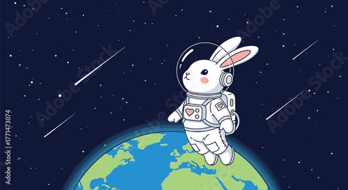 Cute cartoon astronaut rabbit floats peacefully in outer space, gazing at the distant stars and the beautiful blue Earth below.