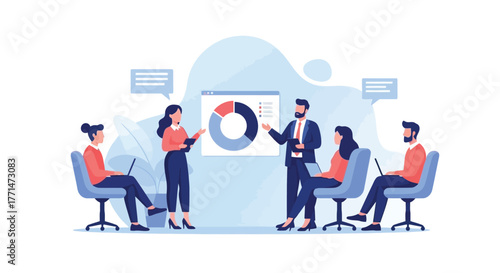 Business Meeting Presentation Team Collaboration and Strategy Discussion in Office Setting