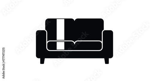 A simple black silhouette of a two-seater sofa featuring a distinctive vertical white stripe on its left side.