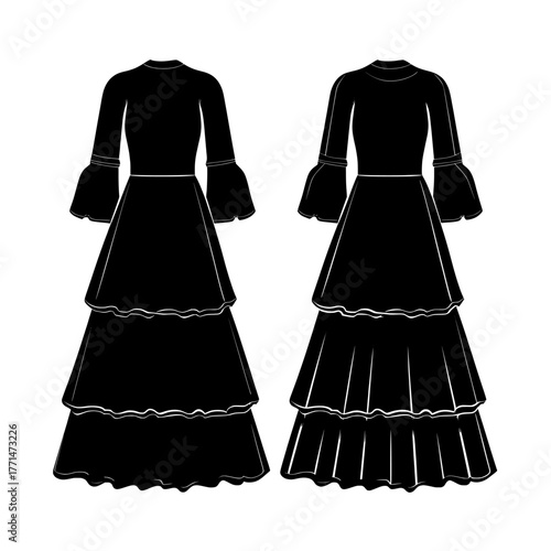 Women's fashion is highlighted in a flat sketch illustration of a maxi Prairie dress, complete with front and back views, long bishop sleeves, and a tiered maxi dress template