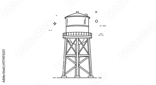 A clean line art illustration of a classic water tower with a cylindrical tank and lattice support structure.