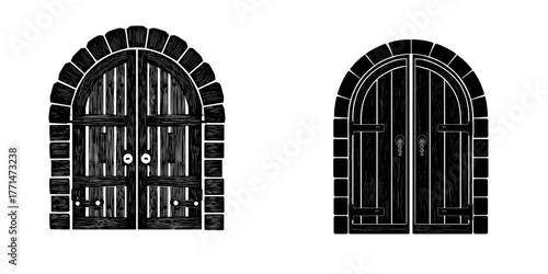 Old wooden doors are set against a white background in a modern cartoon illustration, highlighting a medieval building element with a stone or brick arch doorway, iron doorknobs, and locked gates