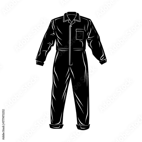 Classic Blank Streetwear Mock-up Template with Flat Technical Drawing Illustration of long sleeve collared jumpsuit coveralls for Design and Tech Packs CAD
