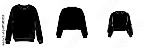Technical drawing illustration of a pullover cropped crewneck sweatshirt, serving as a template for design and tech packs in men's or unisex fashion and streetwear with a slim fit