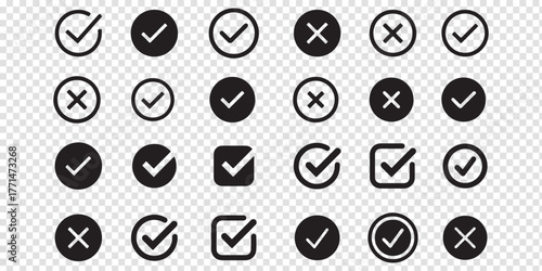 Check tick mark icon set. Cross box x check mark checkbox v list vector draw hand drawn sketch doodle brush marker checklist symbol wrong right circle. Vector Illustration