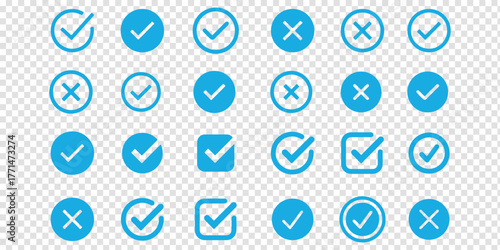 Check tick mark icon set. Cross box x check mark checkbox v list vector draw hand drawn sketch doodle brush marker checklist symbol wrong right circle. Vector Illustration