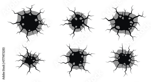 A collection of six abstract black holes with intricate radiating cracks, depicting impact, breakage, and damage on a light background.