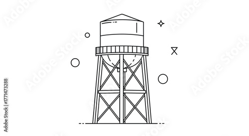 A minimalist line art illustration depicting a classic water tower with an elevated tank and sturdy support structure, accented by abstract geometric shapes.