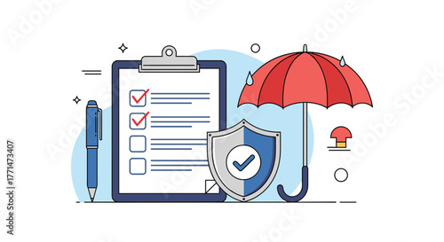 A graphic symbolizing comprehensive insurance and protection with a checklist document, a shield icon, and a red umbrella.