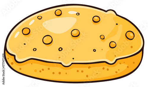 Cartoon illustration of a golden brown crumpet or porous pancake for breakfast.