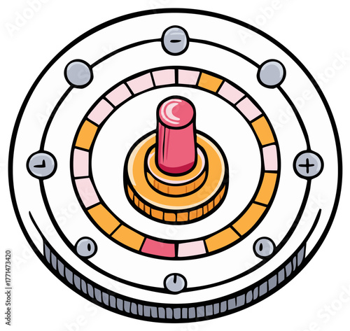 Cartoon illustration of a control panel with a switch and indicators