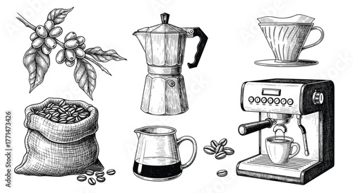 Hand-drawn sketches of coffee elements: beans on branch, sack, moka pot, pour-over, carafe, and an espresso machine for brewing.