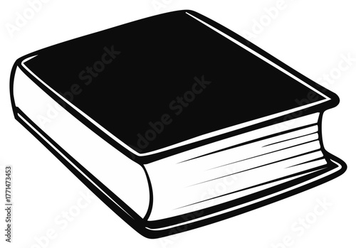 Black closed book with white pages and cover outline, illustration