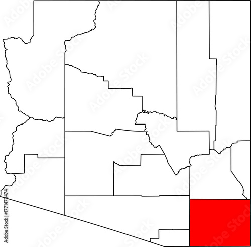 Map of Arizona highlighting Cochise County in Red. Perfect for projects on Tombstone Wild West history, Fort Huachuca military base, and the US-Mexico border region.