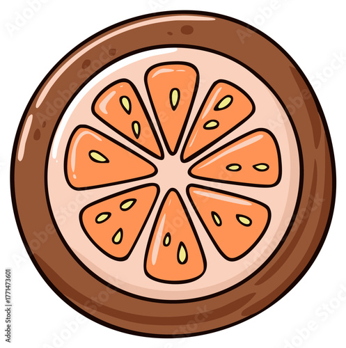 Stylized Orange Fruit Slice Illustration with Brown Peel and Segmented Pulp