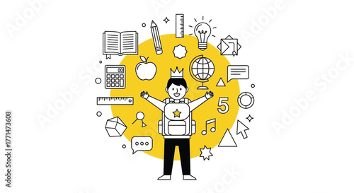 School Kid Surrounded by Learning Icons, Education and Knowledge Graphic Illustration