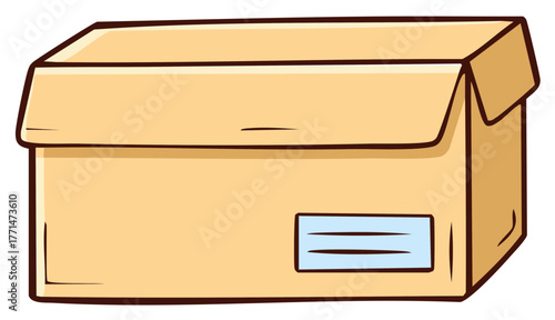 Illustration of a closed cardboard box with a blank label attached to the side