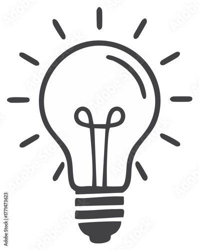 Sketch style light bulb icon with glowing rays for creativity, innovation and bright ideas