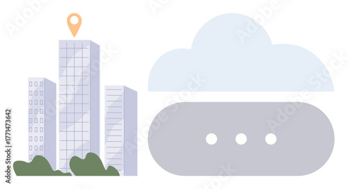 High-rise buildings, cloud icon with connection dots, geo-pin marker. Ideal for cloud computing, smart city, connectivity, innovation, data sharing internet technology. Minimalist flat metaphor