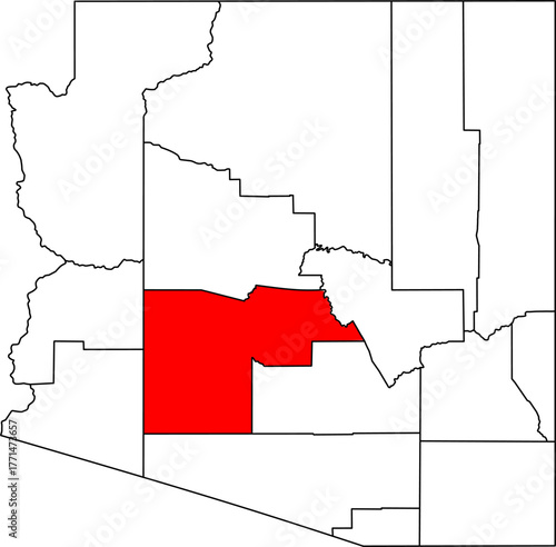 Map of Arizona highlighting Maricopa County in Red. Perfect for projects on its large Phoenix metropolitan area, massive population, technology hubs, and desert geography.