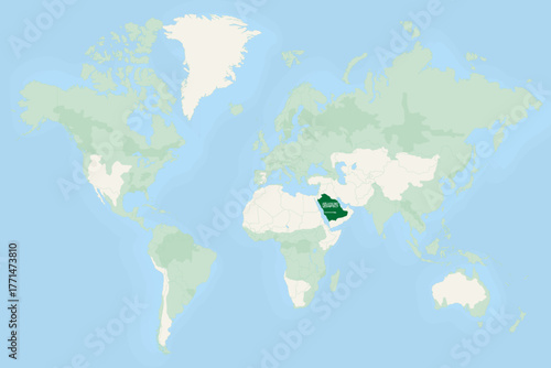 Saudi Arabia Highlighted on World Map with National Flag. Saudi Arabia Map and Flag.