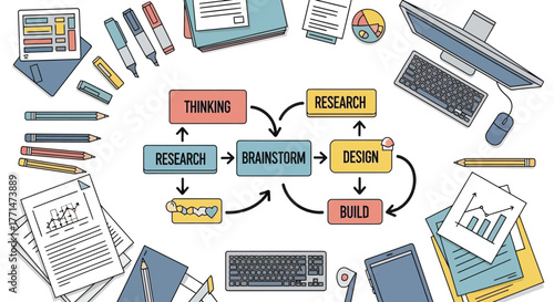 Creative Process Flowchart Illustrating Research, Design, and Development