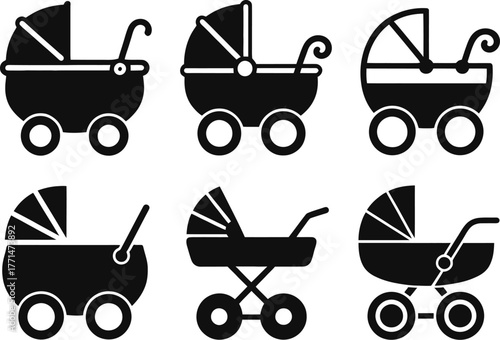 Baby stroller vector set collection of different baby carriages editable vector