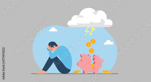 Financial crisis hits hard as man faces empty piggy bank and economic downturn with worry and despair in a challenging financial climate